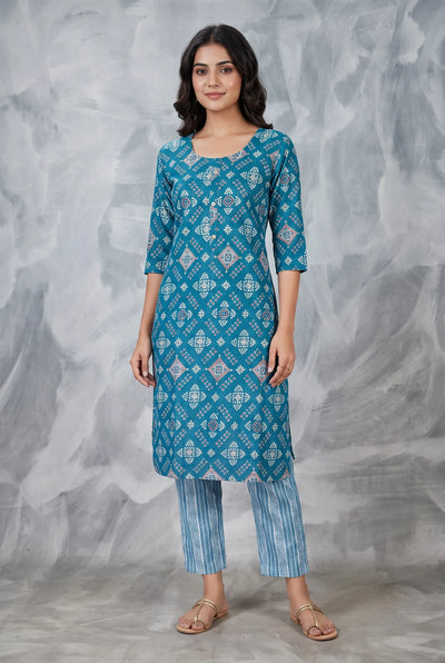 Teal Blue Rayon 2-Piece Kurti with Elastic Pant, Geometric Foil Print, Round Neck, 3/4 Sleeves - Teal Blue
