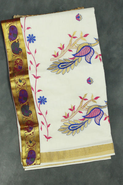 Pure Kerala Cotton White Saree with Embroidered Peacock Pallu and Gold Zari Border - White