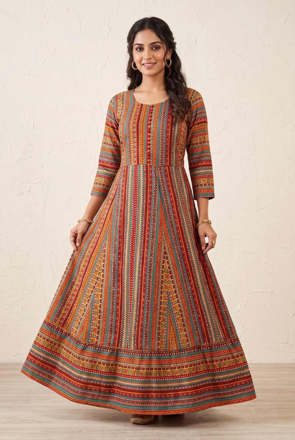 Multicolor Rayon Anarkali Floral Kurti with Stone Work, Round Neck 3/4 Sleeves for Women - Multicolor