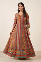 Multicolor Rayon Anarkali Floral Kurti with Stone Work, Round Neck 3/4 Sleeves for Women - Multicolor
