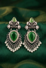 Green Teardrop Stone Oxidized Silver-Tone Pearl Drop Earrings for Festive Wear - Green