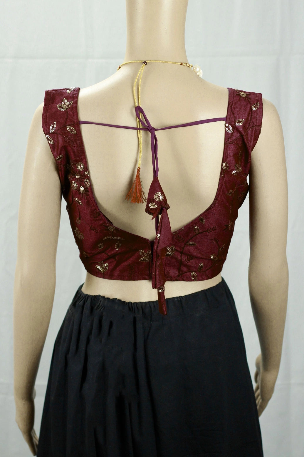 Maroon Designer Padded Ready-to-Wear Blouse with Embroidery, Sleeveless Back Knot, Fully Stitched for Saree - Maroon