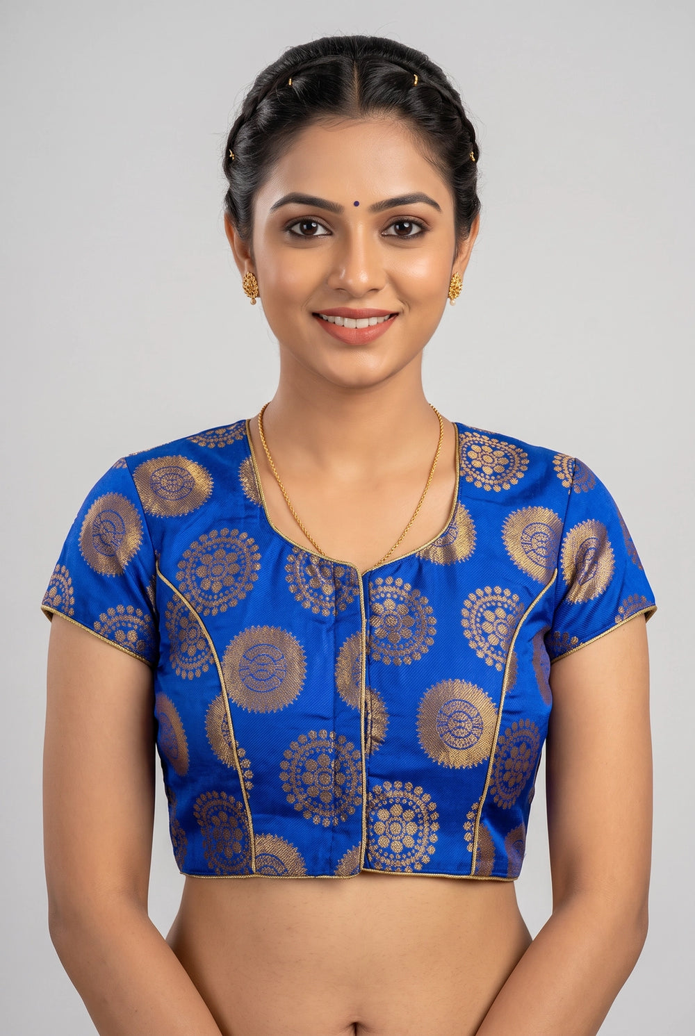 Bright Royal Blue Padded Readymade Designer Saree Blouse with V-Neck Floral Weaving, Short Sleeves & Back Knot - Bright Royal blue
