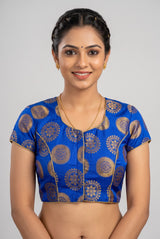 Bright Royal Blue Padded Readymade Designer Saree Blouse with V-Neck Floral Weaving, Short Sleeves & Back Knot - Bright Royal blue