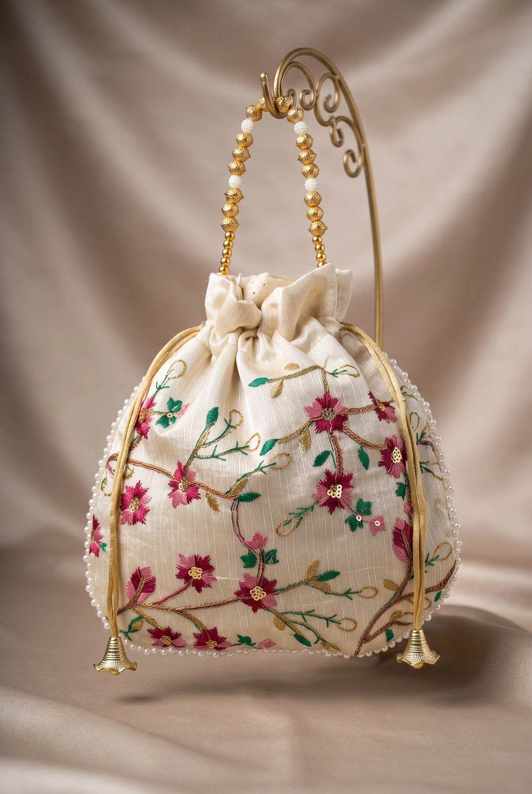 Floral Embroidered Cream Potli Pouch with Drawstring & Pearl Bead Trim for Wedding and Festive Gifting - Cream
