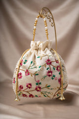 Floral Embroidered Cream Potli Pouch with Drawstring & Pearl Bead Trim for Wedding and Festive Gifting - Cream