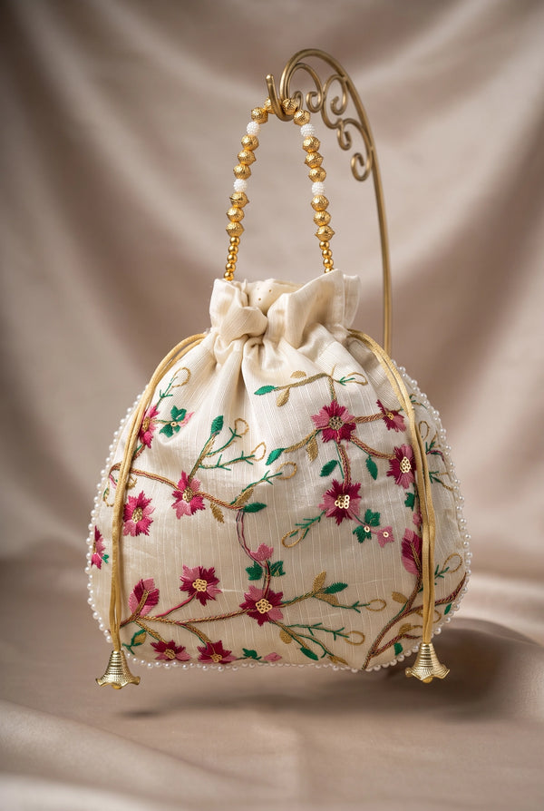 Floral Embroidered Cream Potli Pouch with Drawstring & Pearl Bead Trim for Wedding and Festive Gifting - Cream