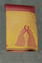 Orange Kubera Pattu Saree with Peacock Border and Contrast Pallu, Comes with Blouse - Orange