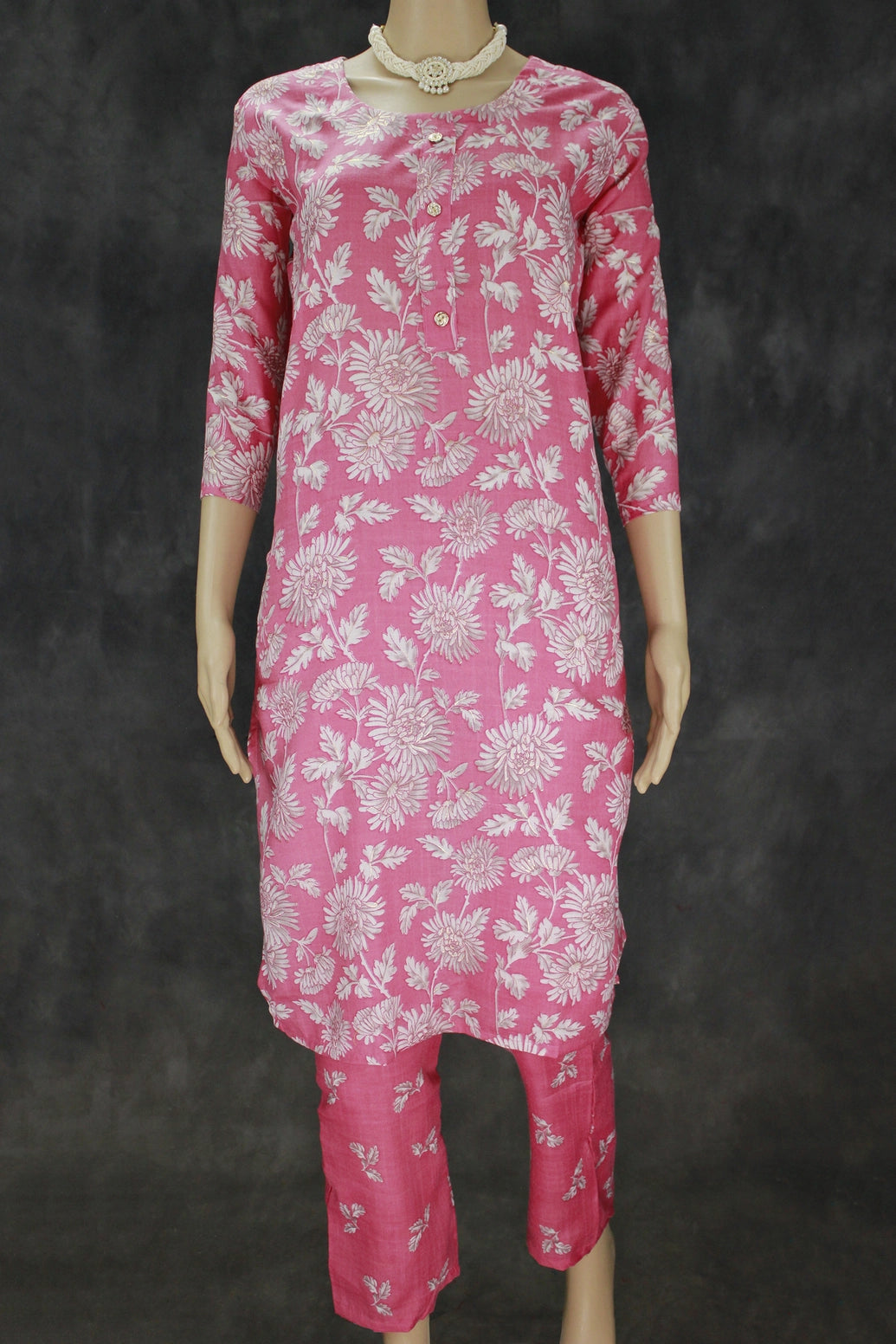 Cotton Pink Kurta Set with Floral Design for Women - Pink