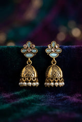 Sea Blue Floral Jhumka Earrings with Pearl Drops, Antique Gold-Tone Traditional Ethnic Fashion Jewellery - Sea blue
