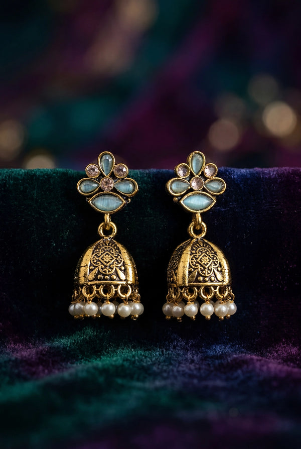 Sea Blue Floral Jhumka Earrings with Pearl Drops, Antique Gold-Tone Traditional Ethnic Fashion Jewellery - Sea blue
