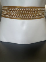 Gold-tone Embellished Pearl & Crystal Hip Belt - Elastic Adjustable Traditional Waistband for Saree and Lehenga Jewelry JCS Fashions Gold 28 - 32 inches