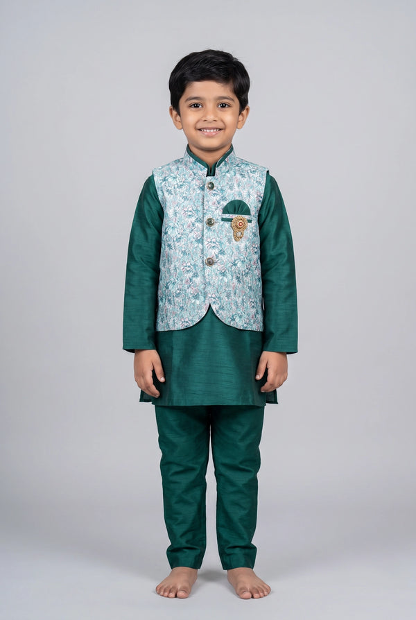 Boys Aqua Green Koti Kurta Set with Printed Sleeveless Waistcoat, Cotton 3-Piece Ethnic Outfit - Aqua Green