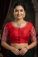 Red Readymade Designer Padded Blouse with Embroidery Silk Finish, Elbow Sleeve, Fully Stitched - Red