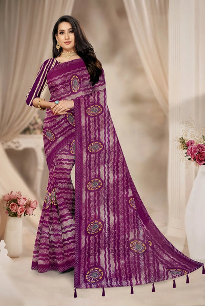 Purple Georgette Saree with Zari-Style Full Sequin/SiroSki Work, Printed Stripes & Floral Motifs Border - Purple