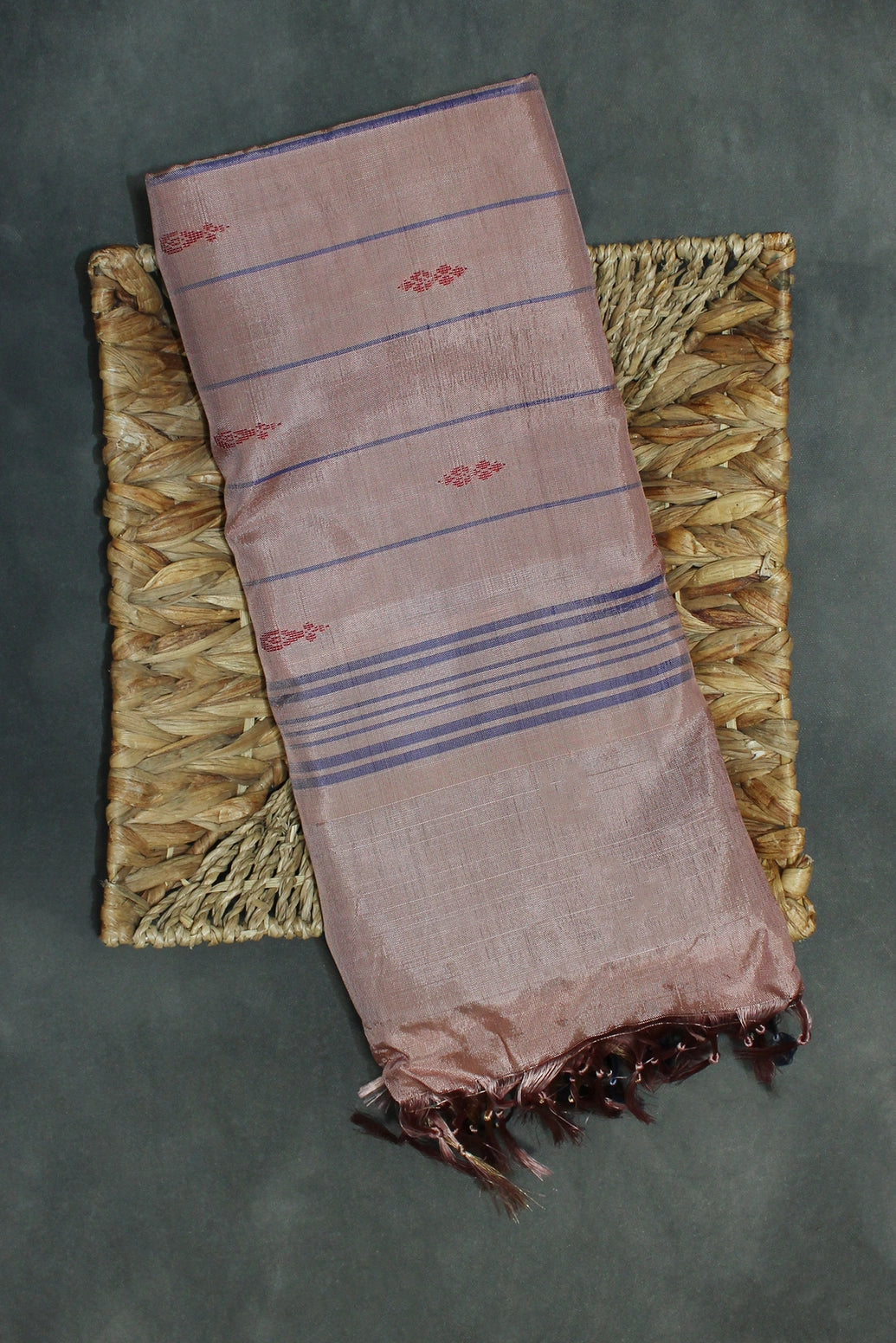 Banana pith/ Vaazhai naar saree with beautiful Zari border, Comes with full body small butta,  
No blouse piece - Navy Blue & Brown