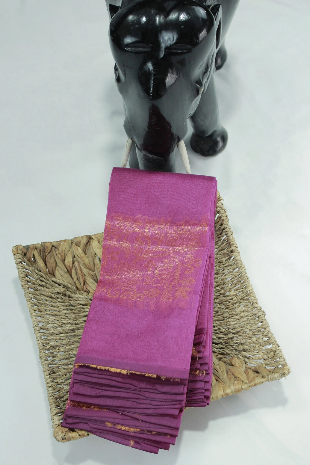 Purple Silk Cotton Saree with Zari Border and Blouse Piece, Border Less Look - Purple