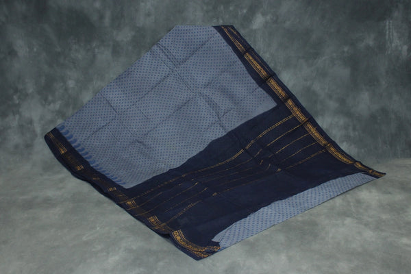 Grey Poly-Cotton Printed Saree with Navy Blue Border & Gold-Tone Motif Saree JCS Fashions Grey 5.5 meters