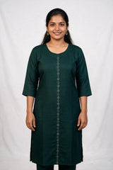 Dark Green Cotton Kurti with Vertical Diamond-Pattern Embellishment, Round Neck, 3/4 Sleeves - Dark Green