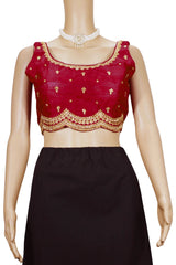 Maroon Readymade Padded Saree Blouse with Sequin Floral Motifs, Sleeveless Back Knot, Designer Stitching - Maroon