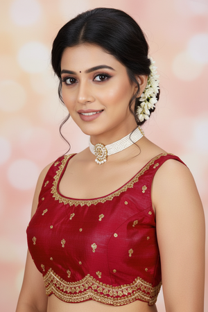 Maroon Readymade Padded Saree Blouse with Sequin Floral Motifs, Sleeveless Back Knot, Designer Stitching