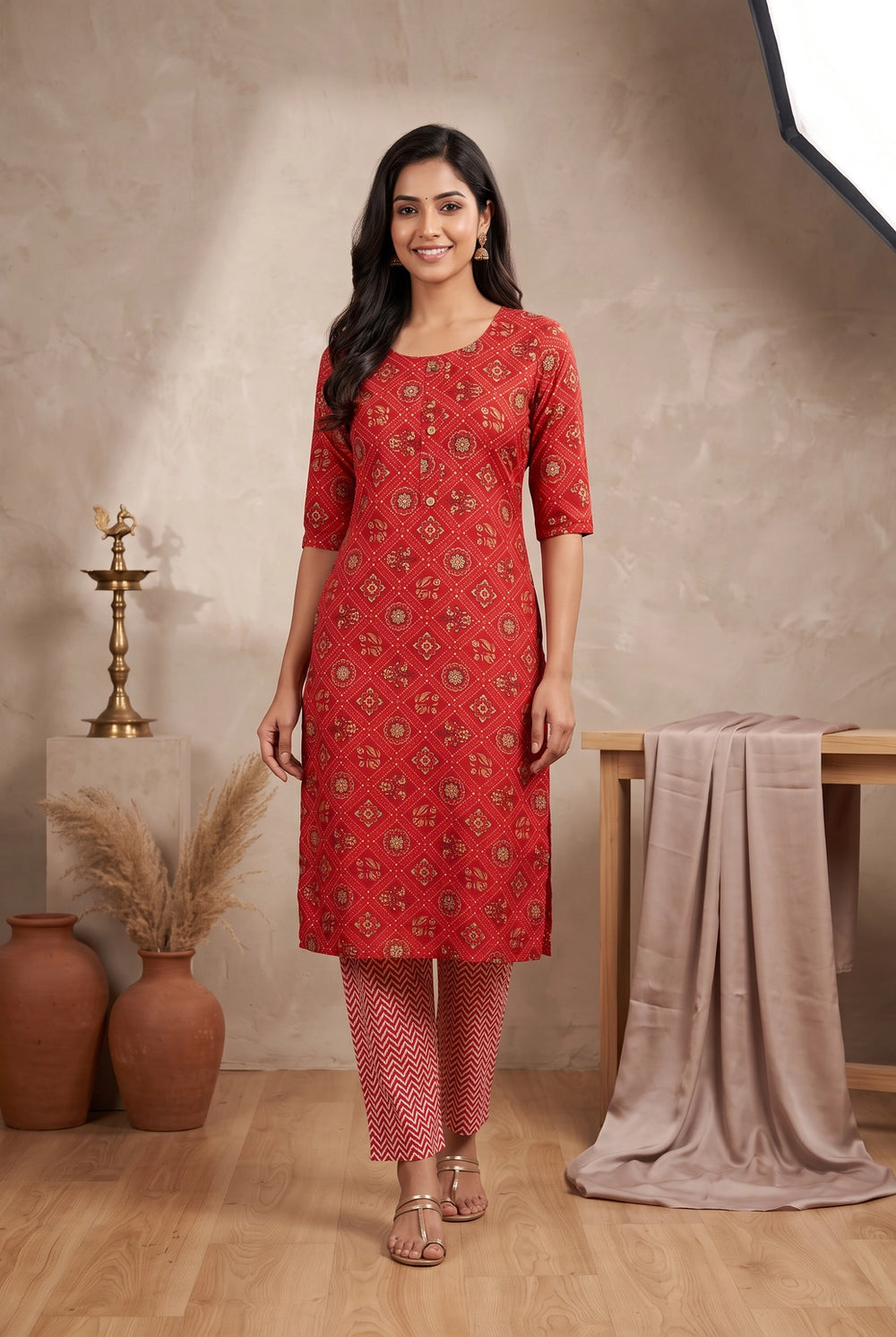 Red Rayon Printed Kurti & Pant 2-Piece Set with Elastic, Floral & Geometric Motifs, 3/4 Sleeves - Red