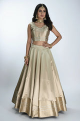 Gold-Tone Silk Lehenga with Silver Stripe Border and Sleeveless High-Neck Blouse, Back Tie-Up - Gold