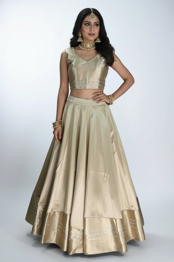 Gold-Tone Silk Lehenga with Silver Stripe Border and Sleeveless High-Neck Blouse, Back Tie-Up - Gold