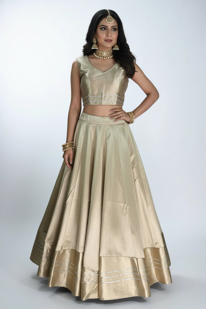 Gold-Tone Silk Lehenga with Silver Stripe Border and Sleeveless High-Neck Blouse, Back Tie-Up - Gold