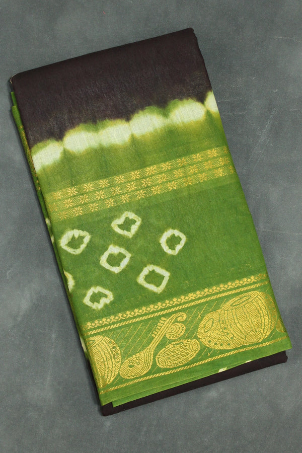 Pure Sungudi Cotton Bandhani Saree with Golden Zari Border - Dark Brown & Green Saree JCS Fashions Dark Brown 5.5 meters