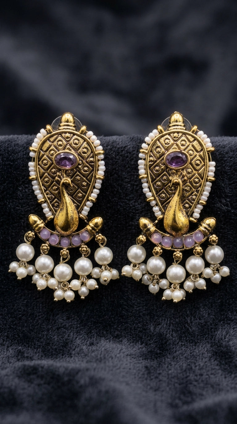 Lavender Oval Stone Traditional Pearl Drop Earrings, Antique Gold-Finish Statement Design - Lavender