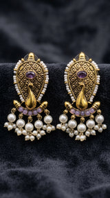 Lavender Oval Stone Traditional Pearl Drop Earrings, Antique Gold-Finish Statement Design - Lavender