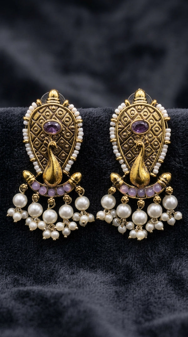 Lavender Oval Stone Traditional Pearl Drop Earrings, Antique Gold-Finish Statement Design - Lavender