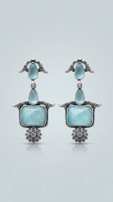 Sea Blue Oxidised Silver Drop Earrings with Teardrop and Rectangular Stone for Traditional Wear - Sea Blue