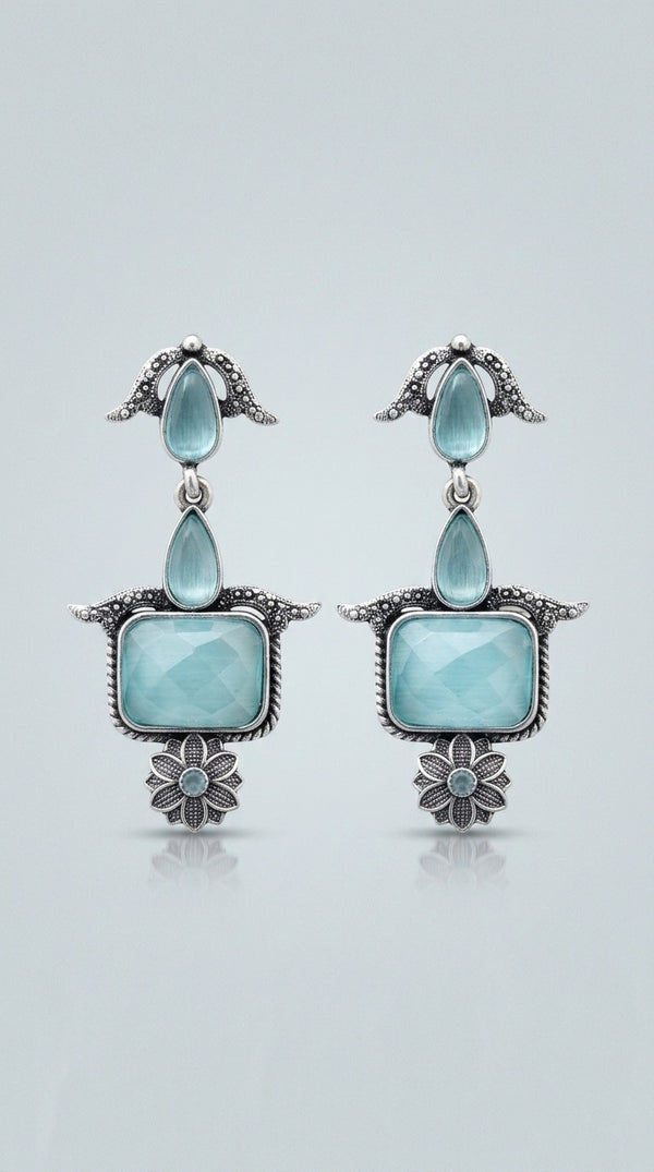 Sea Blue Oxidised Silver Drop Earrings with Teardrop and Rectangular Stone for Traditional Wear - Sea Blue