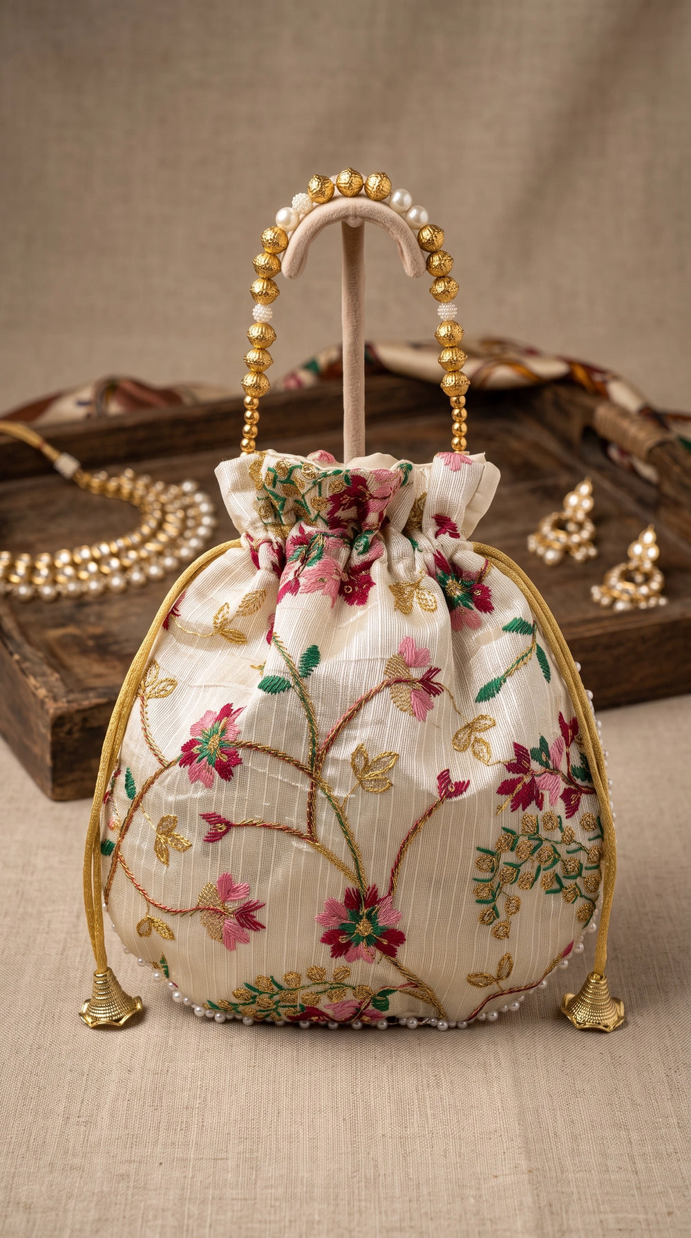 Cream Floral Embroidered Potli Pouch with Drawstring and Pearl Bead Trim for Wedding & Festive Gifting - Cream