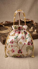 Cream Floral Embroidered Potli Pouch with Drawstring and Pearl Bead Trim for Wedding & Festive Gifting - Cream