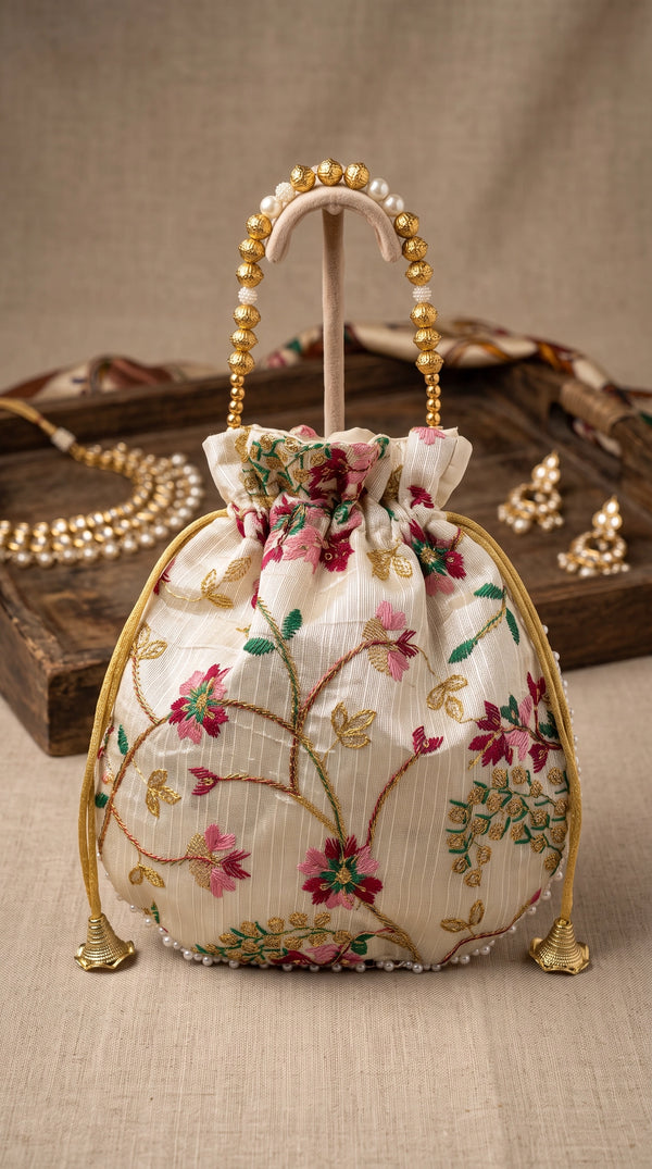 Cream Floral Embroidered Potli Pouch with Drawstring and Pearl Bead Trim for Wedding & Festive Gifting - Cream
