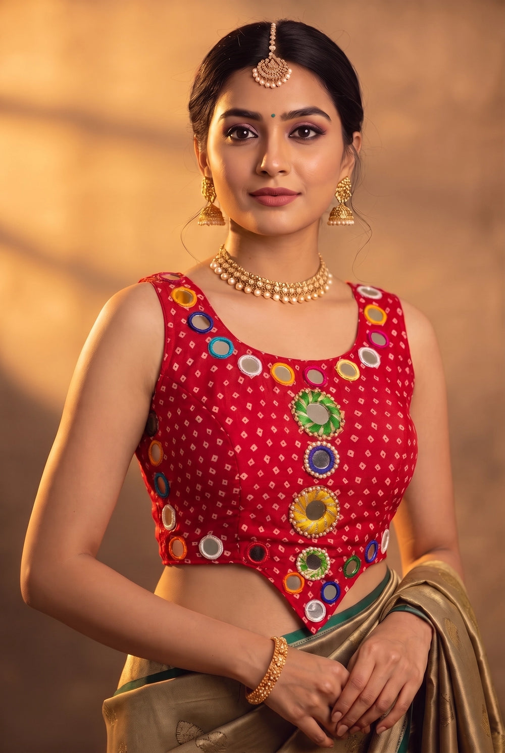 Bandhani Print Sleeveless Mirror-Work Blouse with Pearl Bead Mirror Clusters for Navratri, Festive Wear