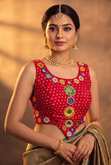 Bandhani Print Sleeveless Mirror-Work Blouse with Pearl Bead Mirror Clusters for Navratri, Festive Wear