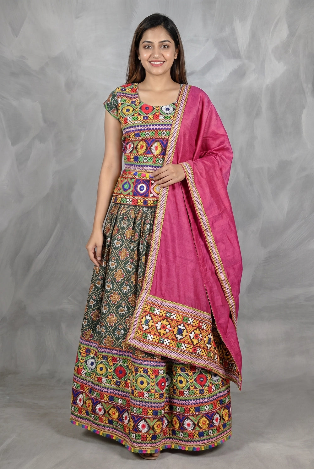 Green & Pink Navratri Designer Chaniya Choli with Camel Block Print and Matching Dupatta - Green & Pink