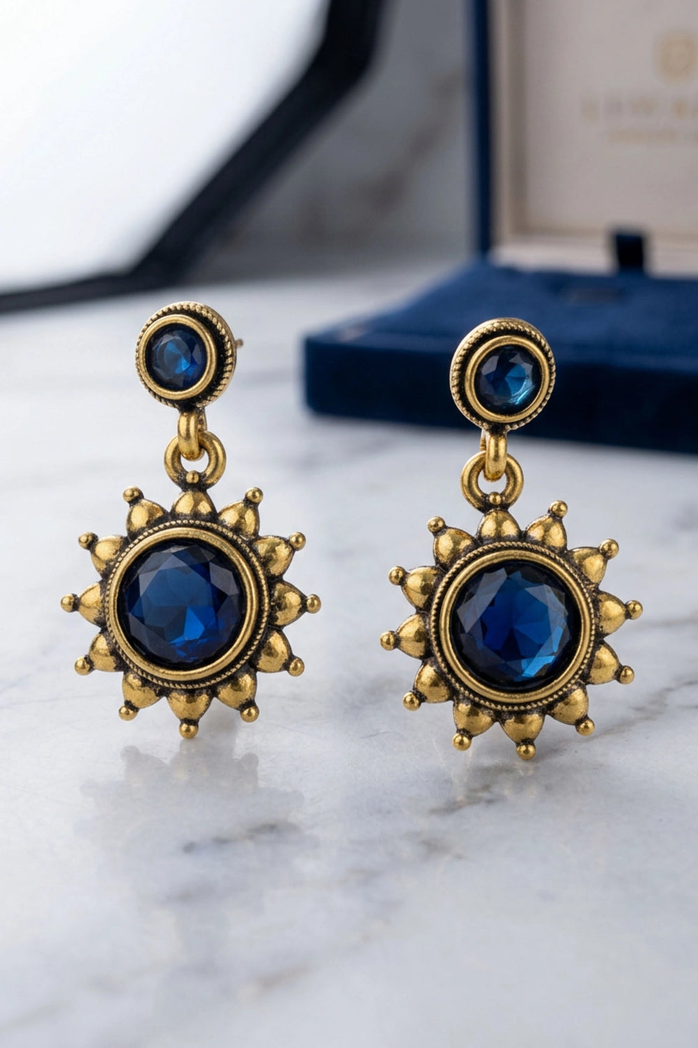 Dark Blue Gold-Tone Antique Style Sunflower Drop Earrings for Women, Fashion Jewellery 1 Pair - Dark Blue
