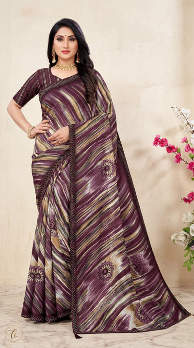 Purple Georgette Saree with Jasmin Zomato Print, Full Siroiski Work, Striped Pattern and Floral Border - Purple