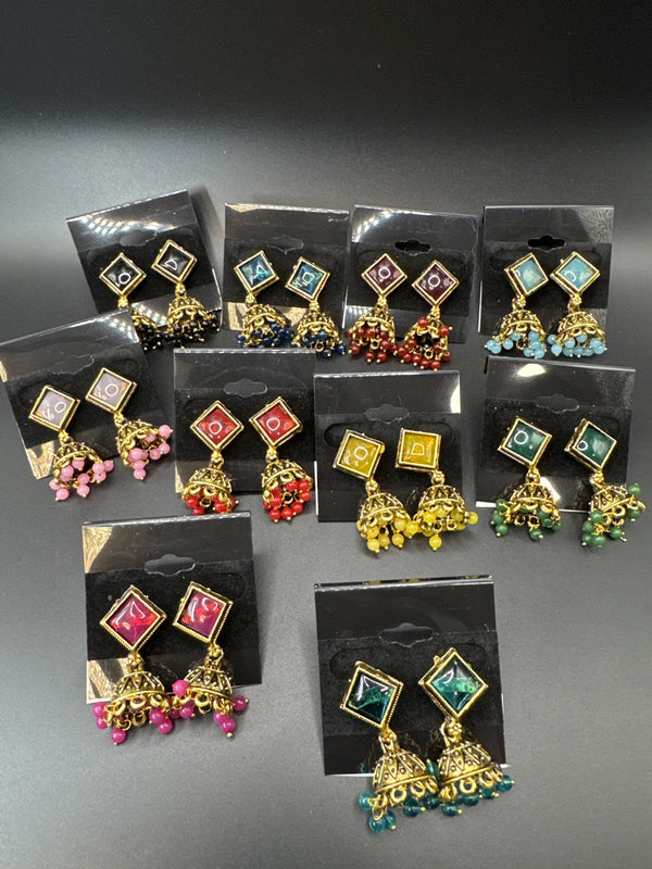 Oxidized Gold-Look Jhumka Earrings with Square Stone & Beads Jewelry JCS Fashions