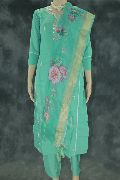 Roman Silk 3-Piece Kurti Set with Elastic Pant and Digital Jacquard Dupatta - Sage Green - Sage Green