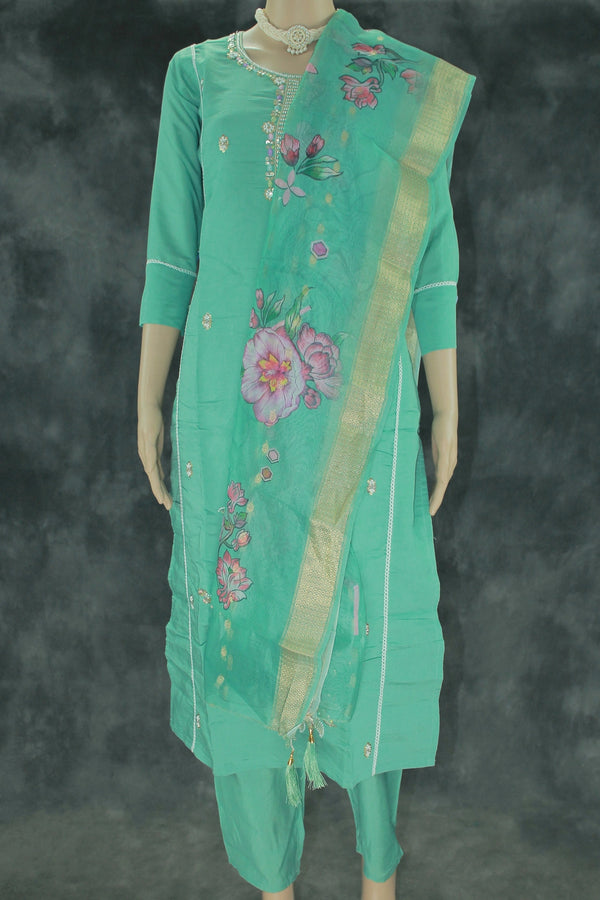 Roman Silk 3-Piece Kurti Set with Elastic Pant and Digital Jacquard Dupatta - Sage Green - Sage Green