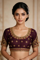 Brown Readymade Designer Padded Blouse with Zari Floral Paisley Motifs, U-Neck, Elbow Sleeves and Back Knot - Brown