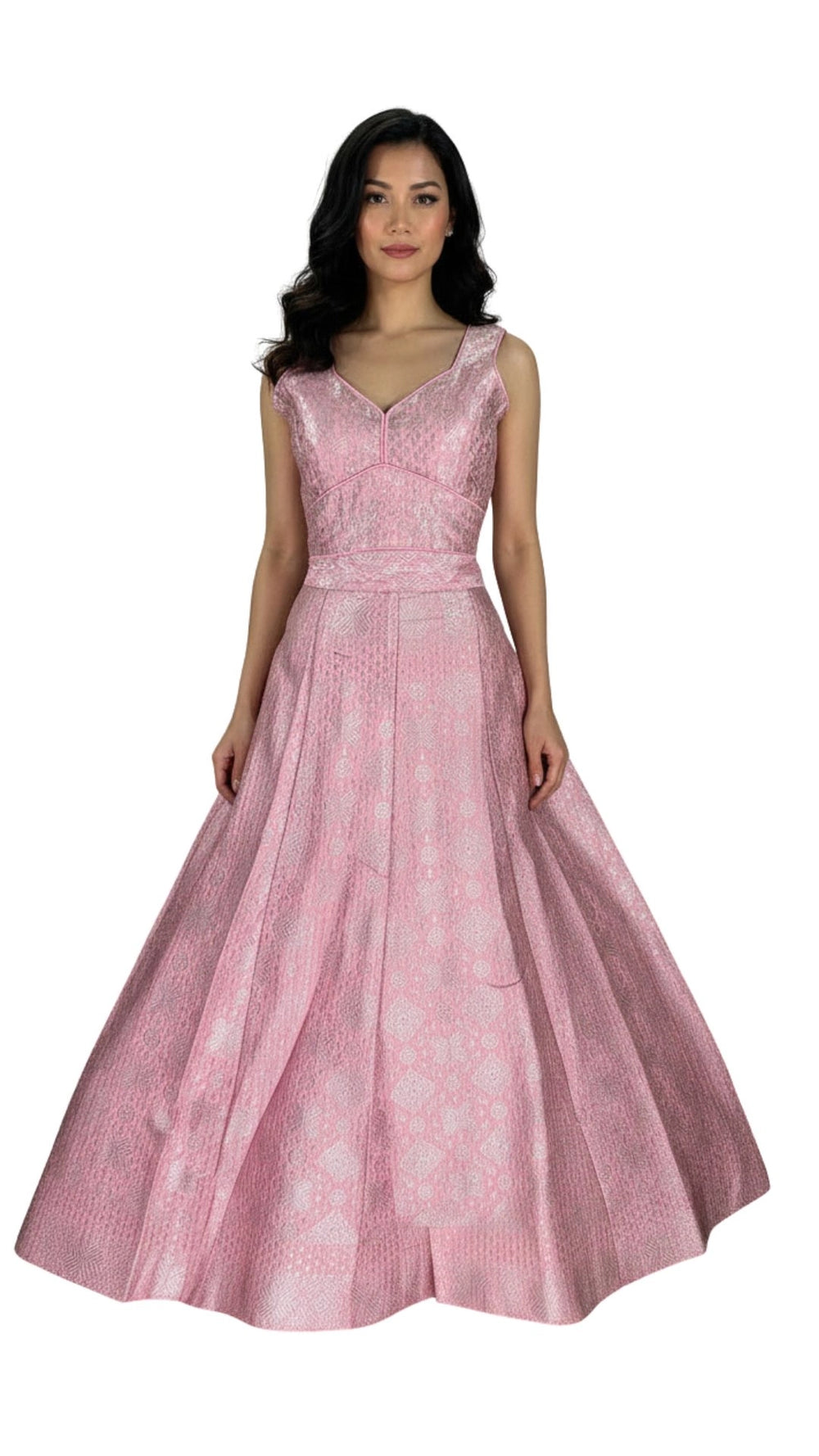 Dusty Pink Jacquard Silk Lehenga with Matching Sleeveless Blouse and Silver Zari Motifs - Dusty Pink