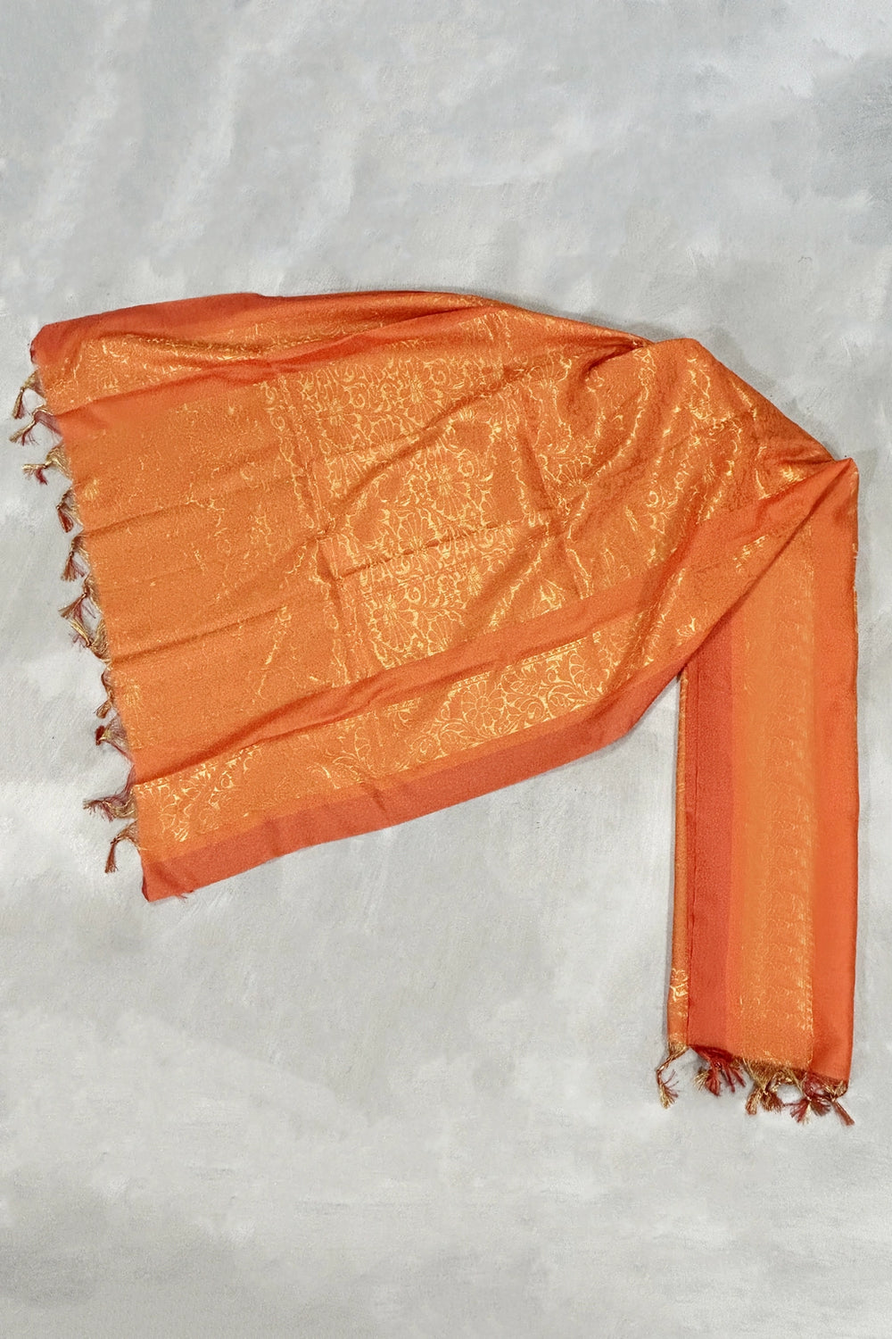 Orange Ponnadai Poly Silk Jacquard Shawl with Tassels for Temple, Pooja, Weddings & Functions (2 Meter) - Orange