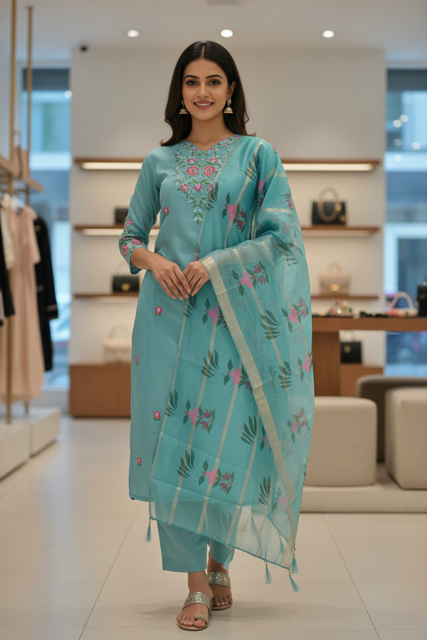 Pastel Blue Roman Silk 3-Piece Kurti Set with V Neck, Elastic Pant & Organza Zari Dupatta